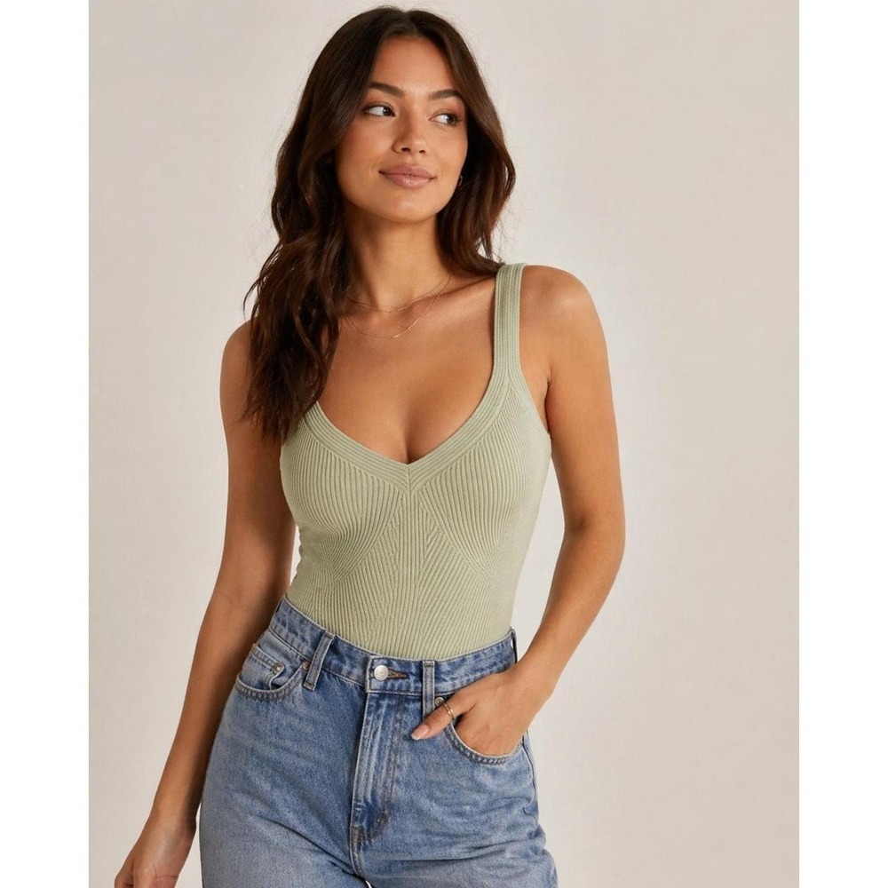 Abercrombie & Fitch Sage Green Ribbed V-Neck Knit Bodysuit Medium